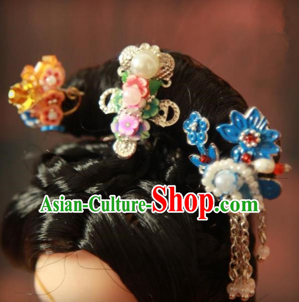 Traditional Handmade Chinese Qing Dynasty Hair Accessories Complete Set, Manchu High Coiffure Imperial Concubine Blueing Hairpins Headpiece