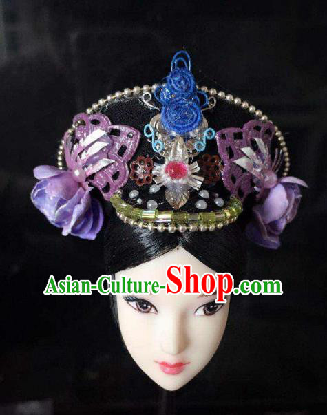 Traditional Handmade Chinese Qing Dynasty Hair Accessories Headwear, Manchu High Coiffure Imperial Concubine Hat Headpiece