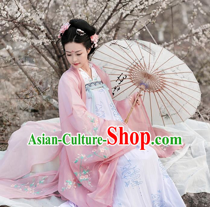 Asian Chinese Tang Dynasty Palace Lady Embroidered Wide Sleeve Cardigan, Ancient China Princess Hanfu Pink Cloak Clothing for Women