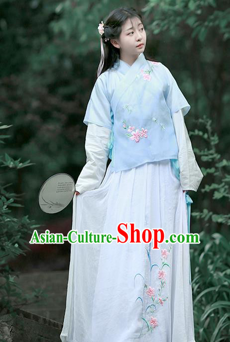 Asian Chinese Song Dynasty Embroidered Costume Complete Set, Ancient China Young Lady Embroidery Blue Half-Sleeves Blouse and Skirt Clothing