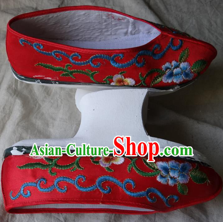 Traditional Chinese Qing Dynasty Princess Embroidered Shoes Saucers Red Satin Shoes, China Ancient Manchu Palace Lady Blood Stained Shoes for Women