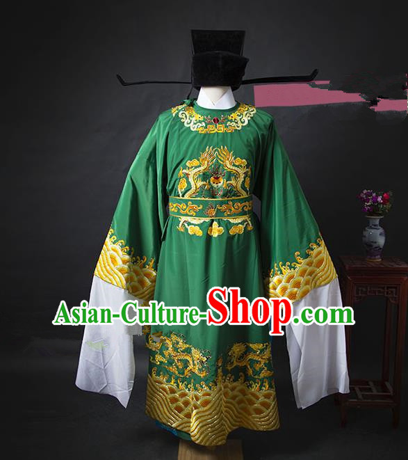 Traditional Chinese Peking Opera Bao Zheng Costume Green Embroidered Robe, China Ancient Beijing Opera Gwanbok for Men