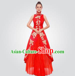 Traditional Chinese National Young Lady Red Qipao Wedding Costume, China Embroidered Cheongsam for Women