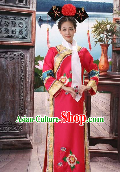 Traditional Ancient Chinese Manchu Palace Lady Red Costume, Asian Chinese Qing Dynasty Princess Embroidered Dress Clothing for Women
