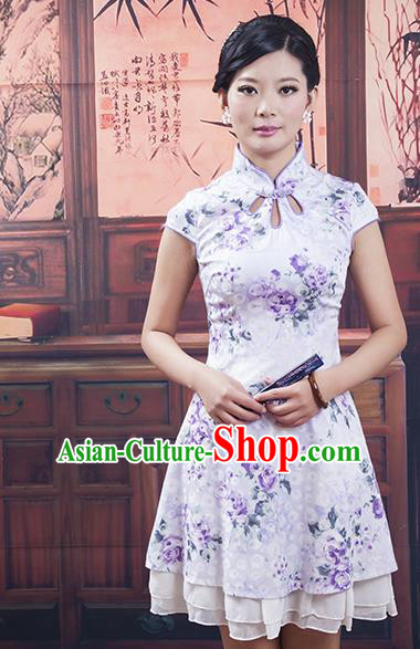 Traditional Ancient Chinese Republic of China Purple Silk Cheongsam, Asian Chinese Chirpaur Printing Qipao Dress Clothing for Women