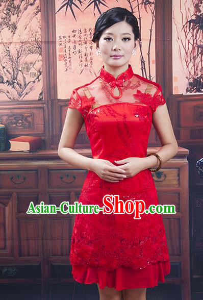 Traditional Ancient Chinese Republic of China Red Short Cheongsam, Asian Chinese Chirpaur Qipao Dress Clothing for Women