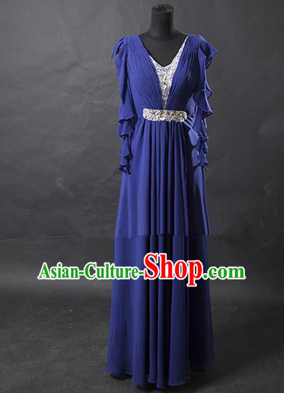 Traditional Chinese Modern Dancing Costume, Women Opening Classic Chorus Singing Group Blue Full Dress for Women