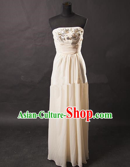 Traditional Chinese Modern Dancing Costume, Women Opening Classic Chorus Singing Group White Full Dress for Women