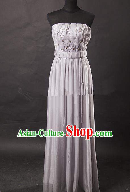 Traditional Chinese Modern Dancing Costume, Women Opening Classic Chorus Singing Group Grey Full Dress for Women