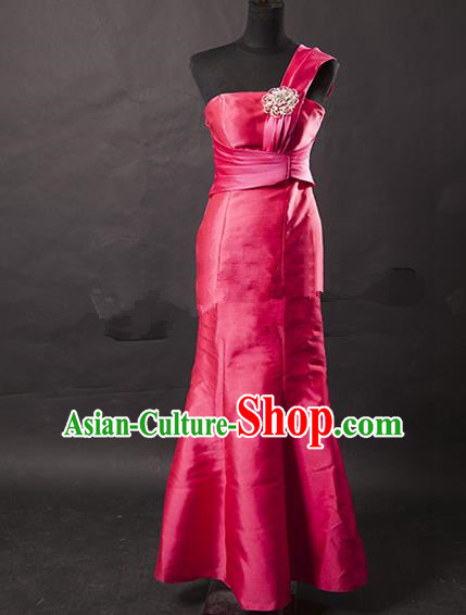 Traditional Chinese Modern Dancing Costume, Women Opening Classic Chorus Singing Group Rosy Satin Full Dress for Women