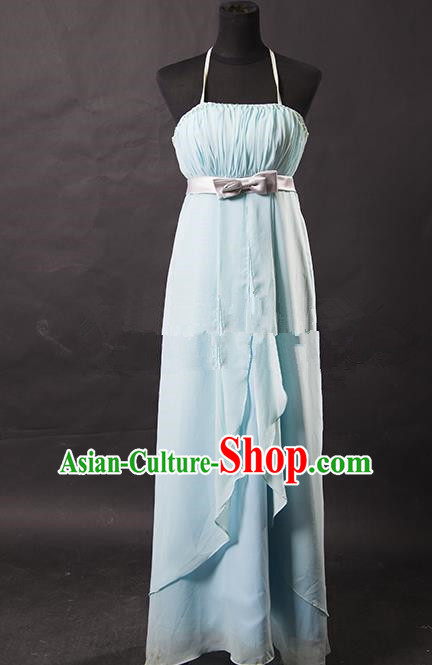 Traditional Chinese Modern Dancing Costume, Women Opening Classic Chorus Singing Group Light Blue Full Dress for Women