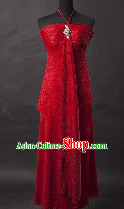 Traditional Chinese Modern Dancing Costume, Women Opening Classic Chorus Singing Group Red Full Dress for Women