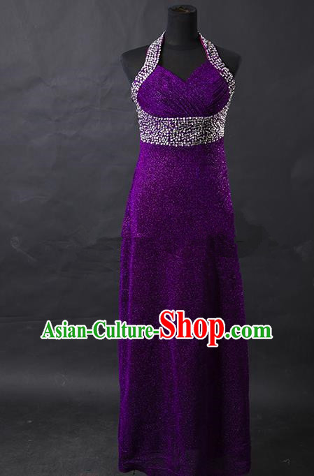 Traditional Chinese Modern Dancing Costume, Women Opening Classic Chorus Singing Group Purple Full Dress for Women