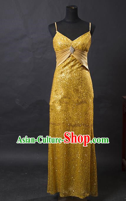 Traditional Chinese Modern Dancing Costume, Women Opening Classic Chorus Singing Group Golden Full Dress for Women