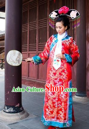 Traditional Ancient Chinese Manchu Palace Lady Costume, Asian Chinese Qing Dynasty Imperial Consort Embroidered Red Dress Clothing for Women