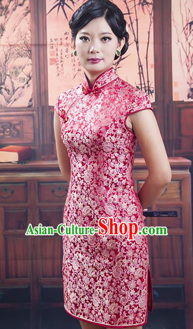 Traditional Ancient Chinese Republic of China Cheongsam Costume, Asian Chinese Red Silk Chirpaur Dress Clothing for Women