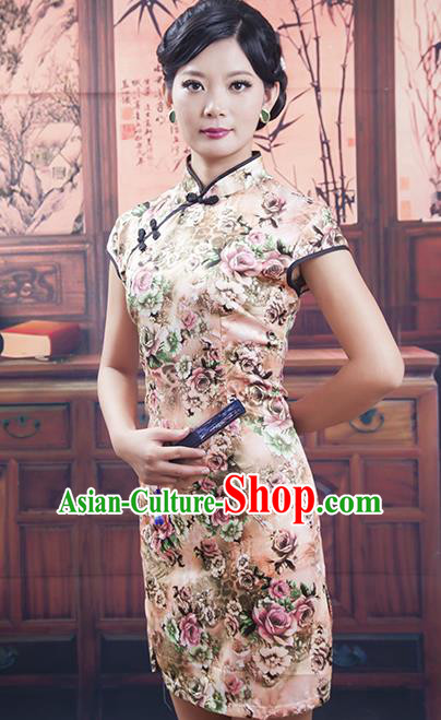 Traditional Ancient Chinese Republic of China Short Cheongsam Costume, Asian Chinese Printing Silk Chirpaur Dress Clothing for Women