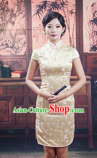 Traditional Ancient Chinese Republic of China Short Golden Cheongsam Costume, Asian Chinese Printing Silk Chirpaur Dress Clothing for Women