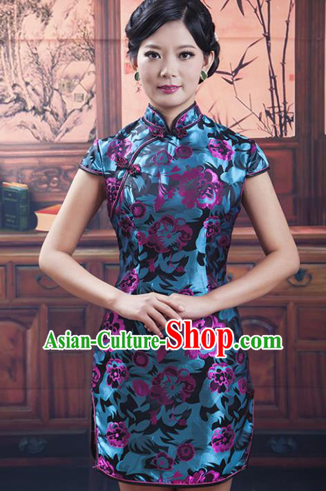 Traditional Ancient Chinese Republic of China Short Cheongsam Costume, Asian Chinese Printing Silk Chirpaur Dress Clothing for Women