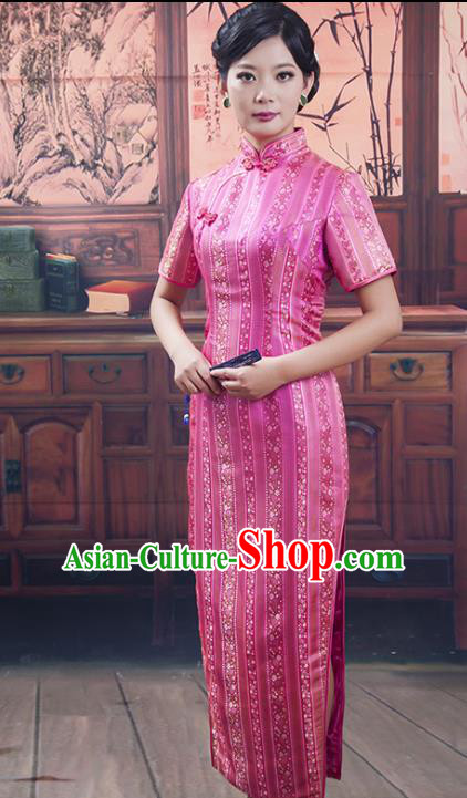 Traditional Ancient Chinese Republic of China Long Pink Cheongsam Costume, Asian Chinese Printing Silk Chirpaur Dress Clothing for Women