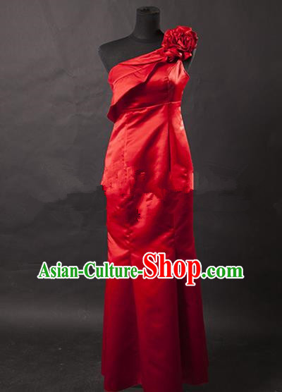 Traditional Chinese Modern Dancing Costume, Women Opening Classic Chorus Singing Group Red Full Dress for Women