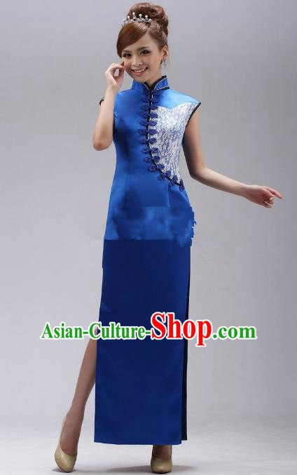 Traditional Ancient Chinese Republic of China Cheongsam Costume, Asian Chinese Blue Silk Chirpaur Clothing for Women