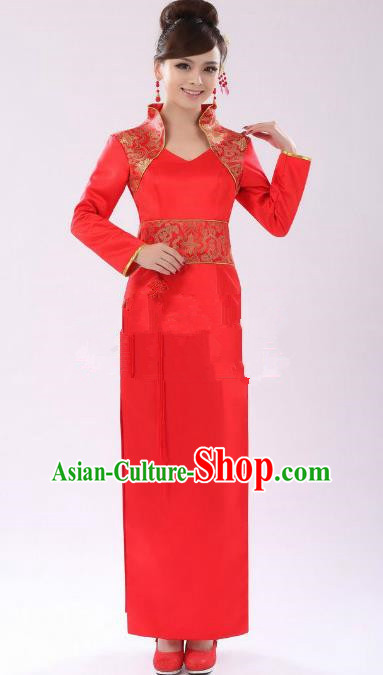 Traditional Ancient Chinese Republic of China Cheongsam Costume, Asian Chinese Red Silk Chirpaur Clothing for Women