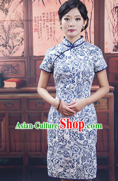 Traditional Chinese National Costume Blue and White Porcelain Qipao Cheongsam Dress for Women