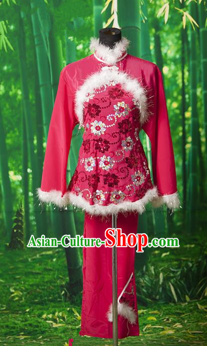 Traditional Chinese Classical Dance Yangge Fan Dancing Costume, Folk Dance Uniform Yangko Red Costume for Women