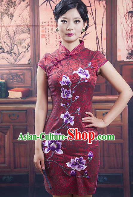 Traditional Chinese National Costume Red Qipao Printing Black Cheongsam Dress for Women