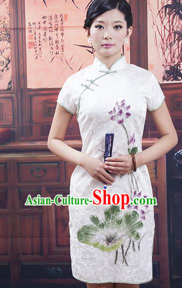 Traditional Chinese National Costume White Qipao Printing Lotus Cheongsam Dress for Women