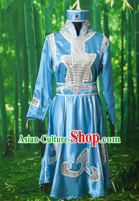 Traditional Chinese Mongol Nationality Dancing Costume, Mongols Female Ethnic Pleated Skirt, Chinese Mongolian Minority Blue Costume for Women