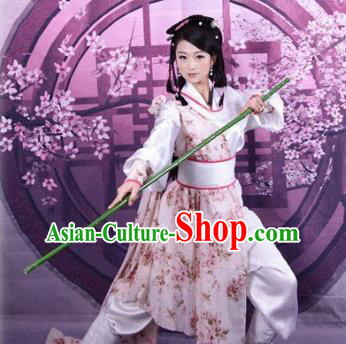 Asian China Ancient Song Dynasty Young Lady Costume, Traditional Chinese Hanfu Swordswoman Embroidered Dress Clothing for Women