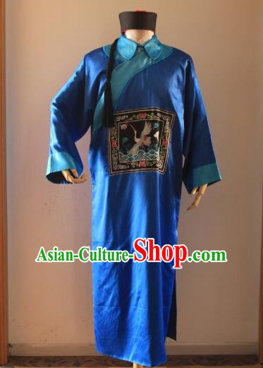 Asian China Ancient Qing Dynasty Royal Highness Costume, Traditional Chinese Manchu Minister Embroidered Blue Robe Clothing for Men