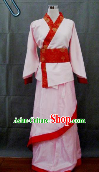 Asian China Ancient Han Dynasty Palace Lady Costume, Traditional Chinese Hanfu Embroidered Pink Curve Bottom Clothing for Women