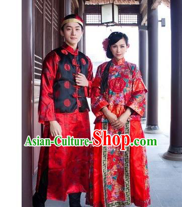 Asian China Ancient Wedding Bride and Bridegroom Costume, Traditional Chinese Hanfu Embroidered Dress Clothing for Women for Men