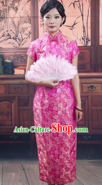 Traditional Ancient Chinese Republic of China Pink Silk Cheongsam, Asian Chinese Chirpaur Printing Qipao Dress Clothing for Women