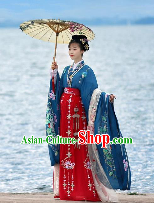 Asian Chinese Tang Dynasty Imperial Consort Wedding Embroidered Costume, Ancient China Embroidery Blouse and Skirt Complete Set