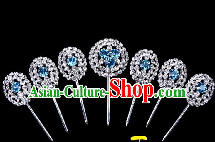 Traditional Beijing Opera Diva Hair Accessories Blue Crystal Head Ornaments Hairpins Complete Set, Ancient Chinese Peking Opera Hua Tan Hair Stick Headwear