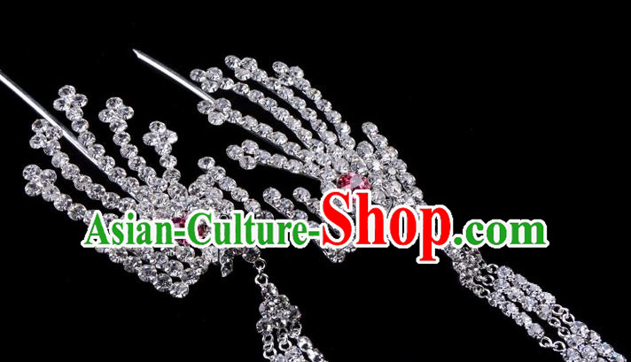 Traditional Beijing Opera Diva Hair Accessories Pink Crystal Inclined Phoenix Tassel Hairpins, Ancient Chinese Peking Opera Hua Tan Hair Stick Headwear