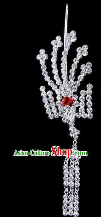 Traditional Beijing Opera Diva Hair Accessories Red Crystal Inclined Phoenix Tassel Hairpins, Ancient Chinese Peking Opera Hua Tan Hair Stick Headwear