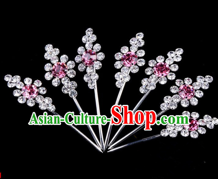 Traditional Beijing Opera Diva Hair Accessories Pink Crystal Head Ornaments Complete Set, Ancient Chinese Peking Opera Hua Tan Hairpins Hair Stick Headwear