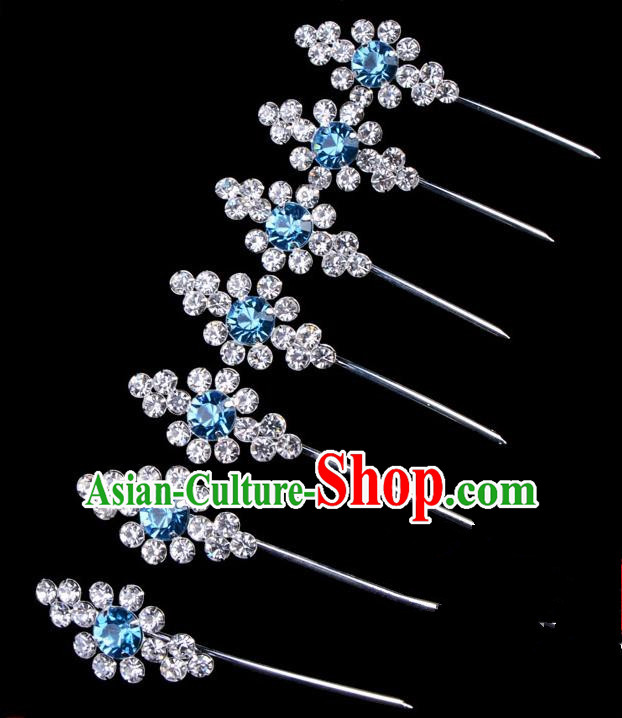 Traditional Beijing Opera Diva Hair Accessories Blue Crystal Head Ornaments Complete Set, Ancient Chinese Peking Opera Hua Tan Hairpins Hair Stick Headwear