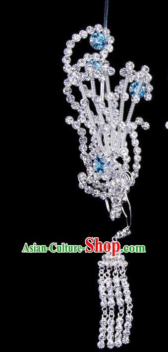 Traditional Beijing Opera Diva Hair Accessories Blue Crystal Phoenix Head Ornaments, Ancient Chinese Peking Opera Hua Tan Tassel Hairpins Hair Stick Headwear