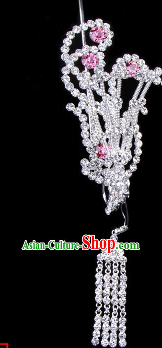 Traditional Beijing Opera Diva Hair Accessories Pink Crystal Phoenix Head Ornaments, Ancient Chinese Peking Opera Hua Tan Tassel Hairpins Hair Stick Headwear