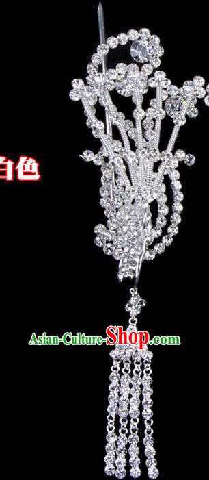 Traditional Beijing Opera Diva Hair Accessories Crystal Phoenix Head Ornaments, Ancient Chinese Peking Opera Hua Tan Tassel Hairpins Hair Stick Headwear