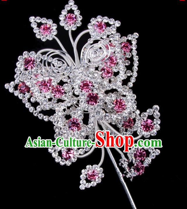 Traditional Beijing Opera Diva Hair Accessories Pink Crystal Butterfly Head Ornaments, Ancient Chinese Peking Opera Hua Tan Large Hairpins Hair Stick Headwear