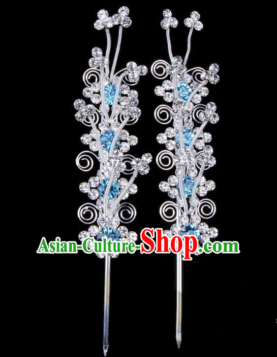 Traditional Beijing Opera Diva Hair Accessories Blue Crystal Head Ornaments, Ancient Chinese Peking Opera Hua Tan Hairpins Hair Stick Headwear