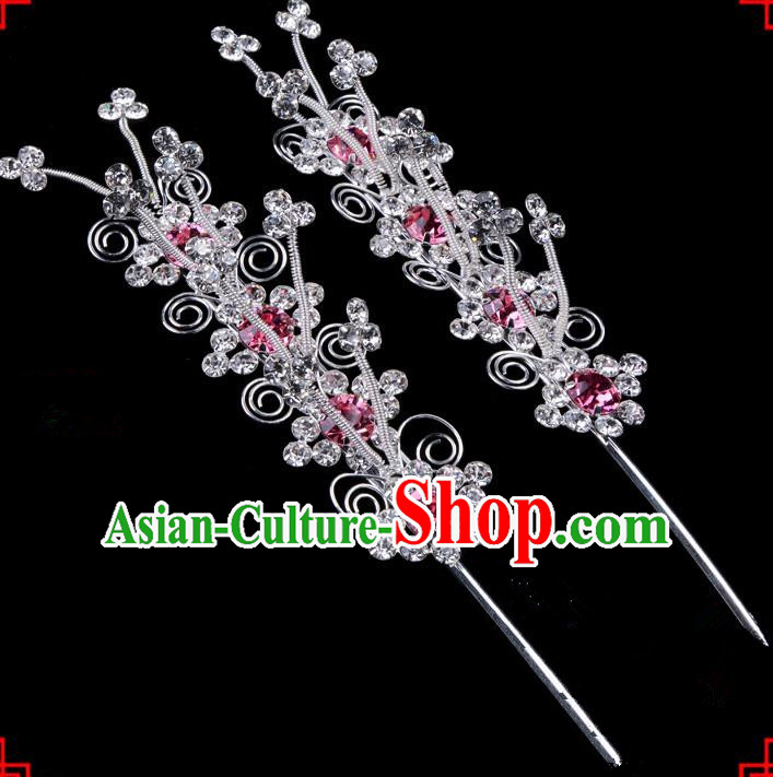 Traditional Beijing Opera Diva Hair Accessories Pink Crystal Butterfly Head Ornaments Hairpins, Ancient Chinese Peking Opera Hua Tan Hair Stick Headwear