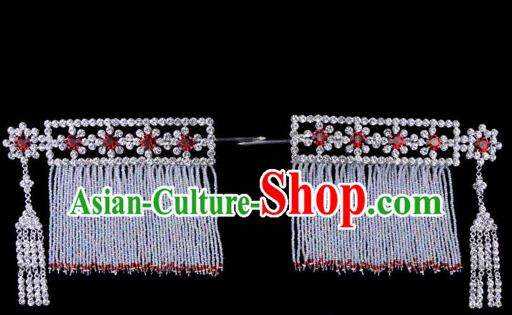 Traditional Beijing Opera Diva Hair Accessories Red Crystal Head Ornaments Temples Curtain Hairpins, Ancient Chinese Peking Opera Hua Tan Tassel Hair Stick Headwear